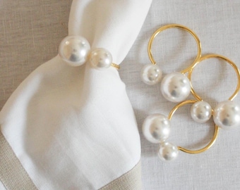 Gold Pearl Napkin Rings, Set of 4 Modern Napkin Holder, Weddings, Home Staging Decor