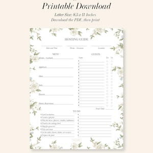 Puede incluir: Guía de organización imprimible con detalles florales. El documento mide 21,6 x 27,9 cm e incluye secciones para la planificación del menú, listas de invitados y una lista de tareas. La guía está decorada con flores blancas y hojas verdes.