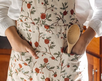 Red Floral Sourdough Apron with Pockets, Womens Smock Ruffle Apron Dress