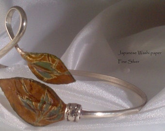 Fine Silver wrap bracelet with Washi paper leaves