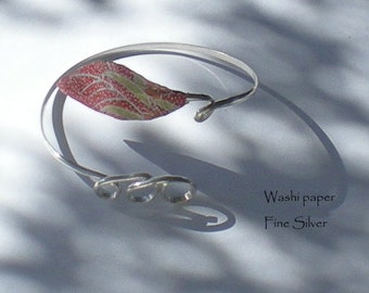 Japanese handmade paper leaf accents this Fine Silver wrap bracelet