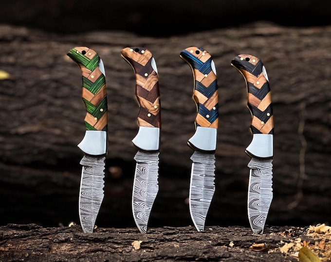 Handmade Damascus Folding Knife, Olive Wood Handle, Pocket Knife Wedding Christmas gift for him