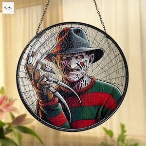Fre-ddy Krue-ger  Faux Stained Glass Suncatcher – Halloween Horror Movie Glass Art – Spooky Window Hanging, Halloween Decor, Halloween Gift