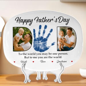 Father’s Day Personalized Photo Plate With Handprint, Custom Daddy Gift From Kids, To Us You Are The World Quote Platter, Gift For Dad