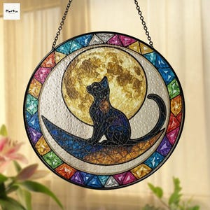 Moon Cat Rainbow Glass Suncatcher – Celestial Window Hanging – Cute Magical Kitty Decor, Halloween Decor, Halloween Gift, Cat Lover Gift