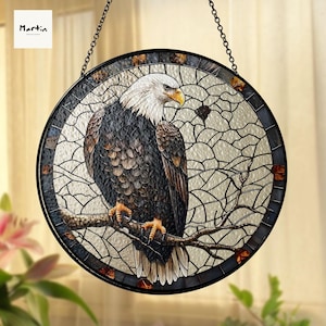 Majestic Bald Eagle Stained Glass Suncatcher – Bird on Branch Window Hanging – Wildlife Nature Decor, Dependence Day Gift, 4th Of July Decor