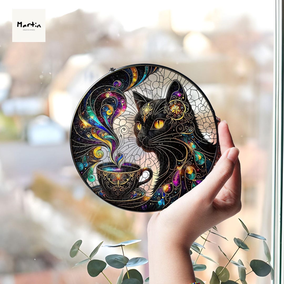 Galaxy Black Cat Stained Glass Suncatcher: Psychedelic Window Decor - Etsy