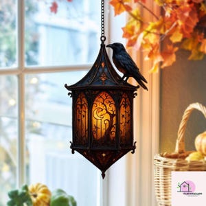 Gothic Raven Lantern Acrylic Suncatcher: Spooky Halloween Window Decoration