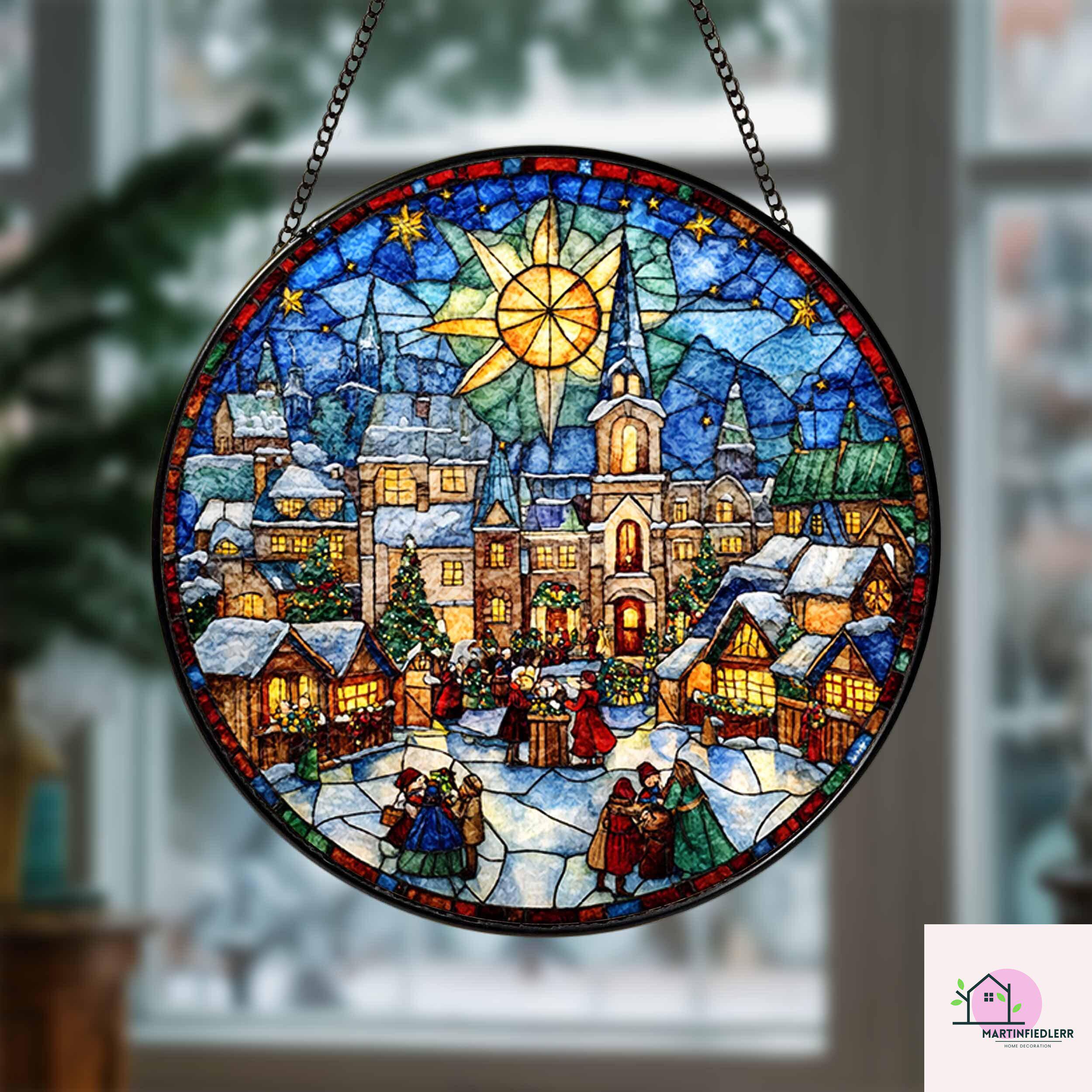 Discover Cozy Snowy Christmas Village Stained Glass Suncatcher - Winter Window Ornament