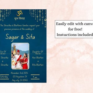 May include: A blue and gold wedding invitation featuring the names "Sagar & Sita" and a photograph of the couple in traditional Indian dress. The invitation details the date, time, and location of the wedding.