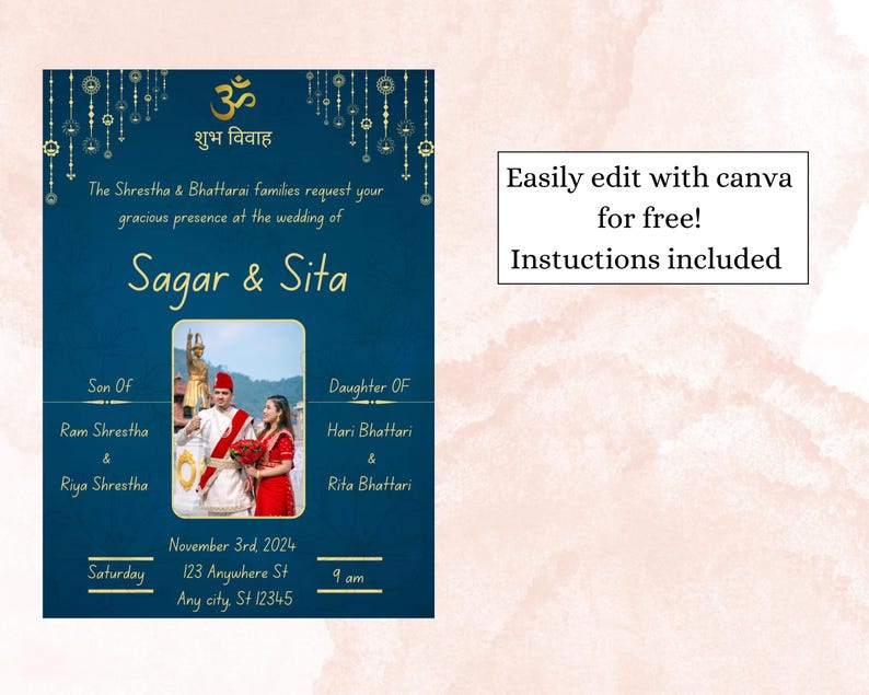 May include: A blue and gold wedding invitation featuring the names "Sagar & Sita" and a photograph of the couple in traditional Indian dress. The invitation details the date, time, and location of the wedding.