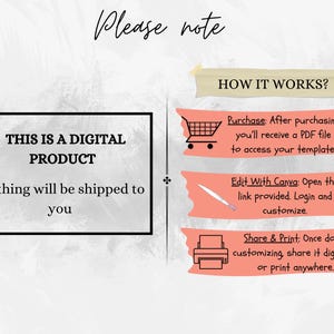 May include: A digital product graphic with the text "This is a digital product. Nothing will be shipped to you." and a description of how to purchase, edit, and share the product using Canva.