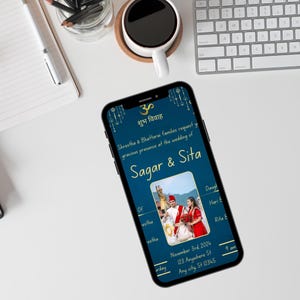 May include: A blue and gold wedding invitation featuring a photograph of the couple in traditional Indian clothing. The invitation includes the names Sagar & Sita, the date 3rd November 2024, and the time 4 am. The address is 123 Anywhere St, Any city St 12345.