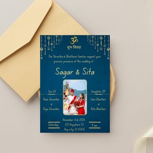 May include: A blue wedding invitation with gold accents. The invitation features a photo of the couple, the text "Sagar & Sita", and the date and time of the wedding. The invitation also includes the names of the bride and groom's parents.