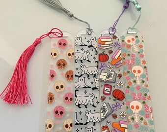 Fall and Halloween Acrylic Bookmark, Spooky Bookmark with tassel, book lover gift, Bookish gift, gift for reader, Ghost Cat, Cat Lover Gift