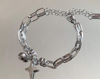 Pulsera gruesa de acero inoxidable con diseño de estrella plateada, estilo grunge punk Y2K, ideal para mujer y hombre, regalo para ella.