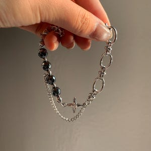 Silver Black Onyx Stainless Steel Chunky Beaded Bracelet, Edgy Layered Chain Adjustable Bracelet with Star, Hypoallergenic Unisex Jewelry