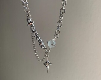 Silver Star Stainless Steel Cats Eye Necklace, Gothic Style
