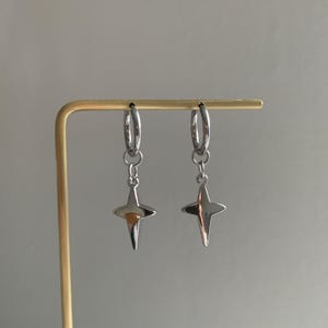 Silver Star Dangle Hoop Earrings, y2K Grunge Star Celestial Earrings, Stainless Steel Star Huggie, Holiday Party Earrings, Gift for Her