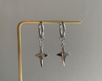 Silver Star Dangle Hoop Earrings, y2K Grunge Star Celestial Earrings, Stainless Steel Star Huggie, Holiday Party Earrings, Gift for Her