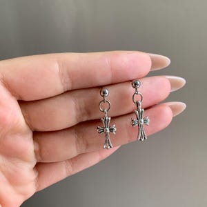 Silver Cross Dangle Stud Earrings, Unisex Stainless Steel Cross Earrings, Gothic Punk Jewelry Men Earrings, Gift for Her Him