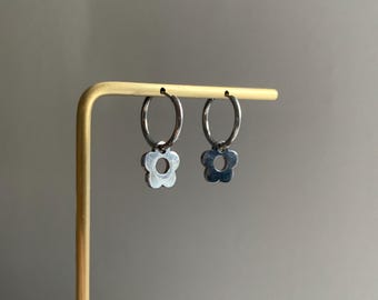 Silver Flower Dangle Huggie Hoop Earrings, Cute Dainty Floral Earring, Stainless Steel Minimalist Flower Hoop, Holiday Earring, Gift for Her