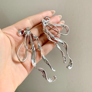 Bow Earrings, Bowknot Long Drop Earrings, Dangling Earrings, Valentines Day Gift for Her, Statement Earrings, Holiday Party Jewelry