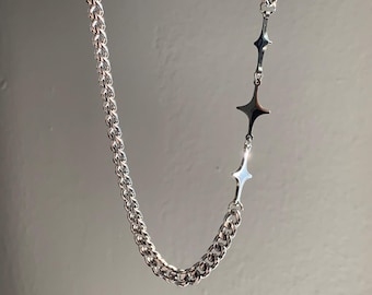 Silver 3 Stars Fully Stainless Steel Chunky Necklace, Cute Girl Gothic Streetwear Punk Waterproof No Rust Necklace Grunge Celestial Jewelry