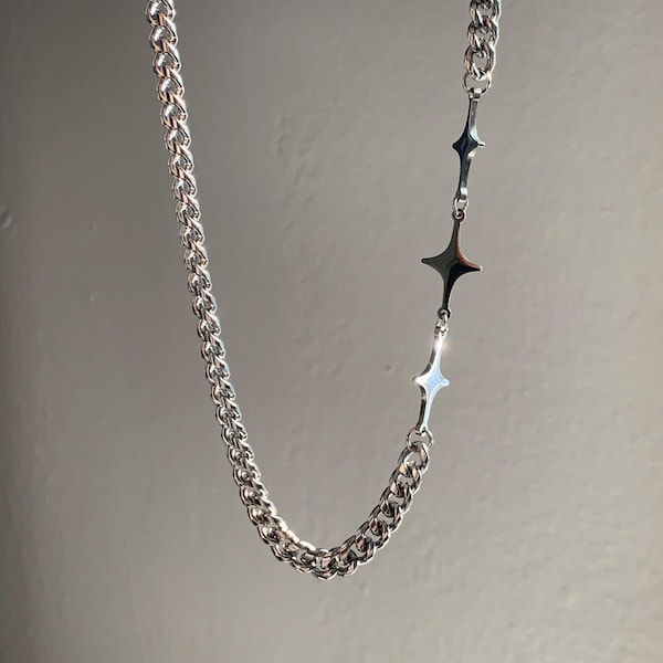 Silver 3 Stars Fully Stainless Steel Chunky Necklace, Cute Girl Gothic Streetwear Punk Waterproof No Rust Necklace Grunge Celestial Jewelry