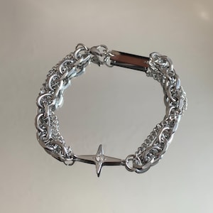 Silver Star Stainless Steel Chunky Bracelet, Y2K Grunge Punk Sturdy Woman Man Bracelet