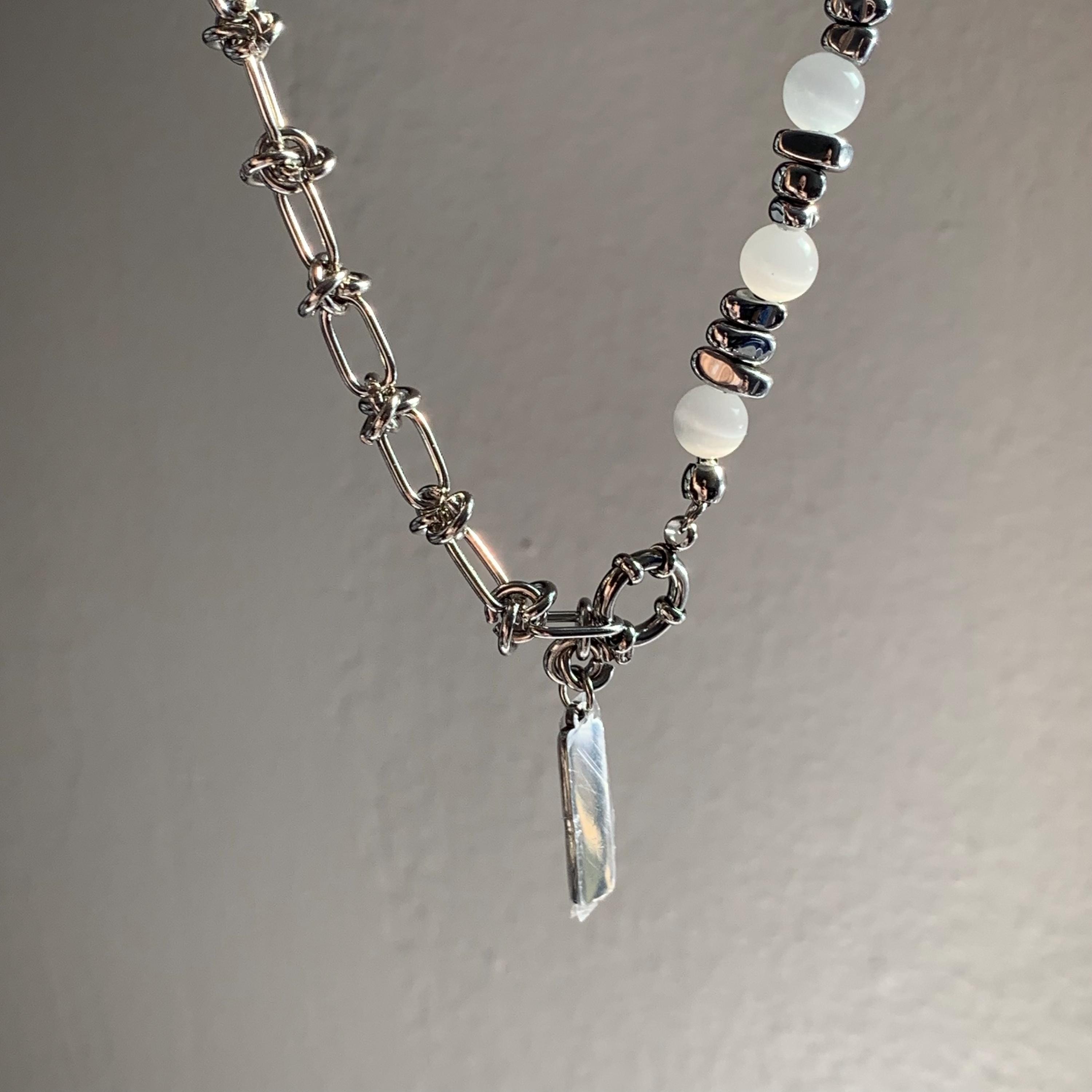Silver Cat's Eye Bead Asymmetrical Statement Chain Versatile