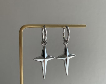 Silver Star Dangle Hoop Earrings, y2K Grunge Star Celestial Earrings, Stainless Steel Star Huggie, Holiday Party Earrings, Gift for Her