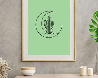 digital print, wall art, canva, frame, picture, boho, minimalist, cactus, moon, desert, art
