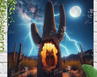 digital picture, owl, desert, mystery, cactus, southwest, outdoors, oil paint, new