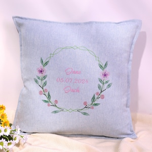 Custom Embroidered Cushion Cover, Embroidered Flower Pillow Cover, Custom Name Cushion Cover, Custom Couples Pillow Cover, Anniversary Gift