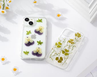 Real Pressed Flower Phone Case, Clear Resin Floral iPhone Case, Handmade Botanical Phone Cover with Clover and Pansy Flowers,gift to nature