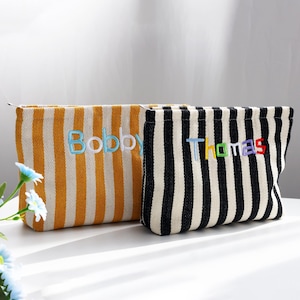 Bolsa de maquillaje de lona a rayas personalizada, bolsa de maquillaje personalizada, bolsa de cosméticos personalizada, bolsa de cosméticos a rayas, bolsa de maquillaje con nombre colorido, bolsa bordada