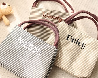 Personalized Stripe Lunch Bag,Embroidery Name Lunch Bag,Retro Nylon Lunch Bag,Lunch Thermal Insulated Bag,Portable Tote Bag,Holiday Gift