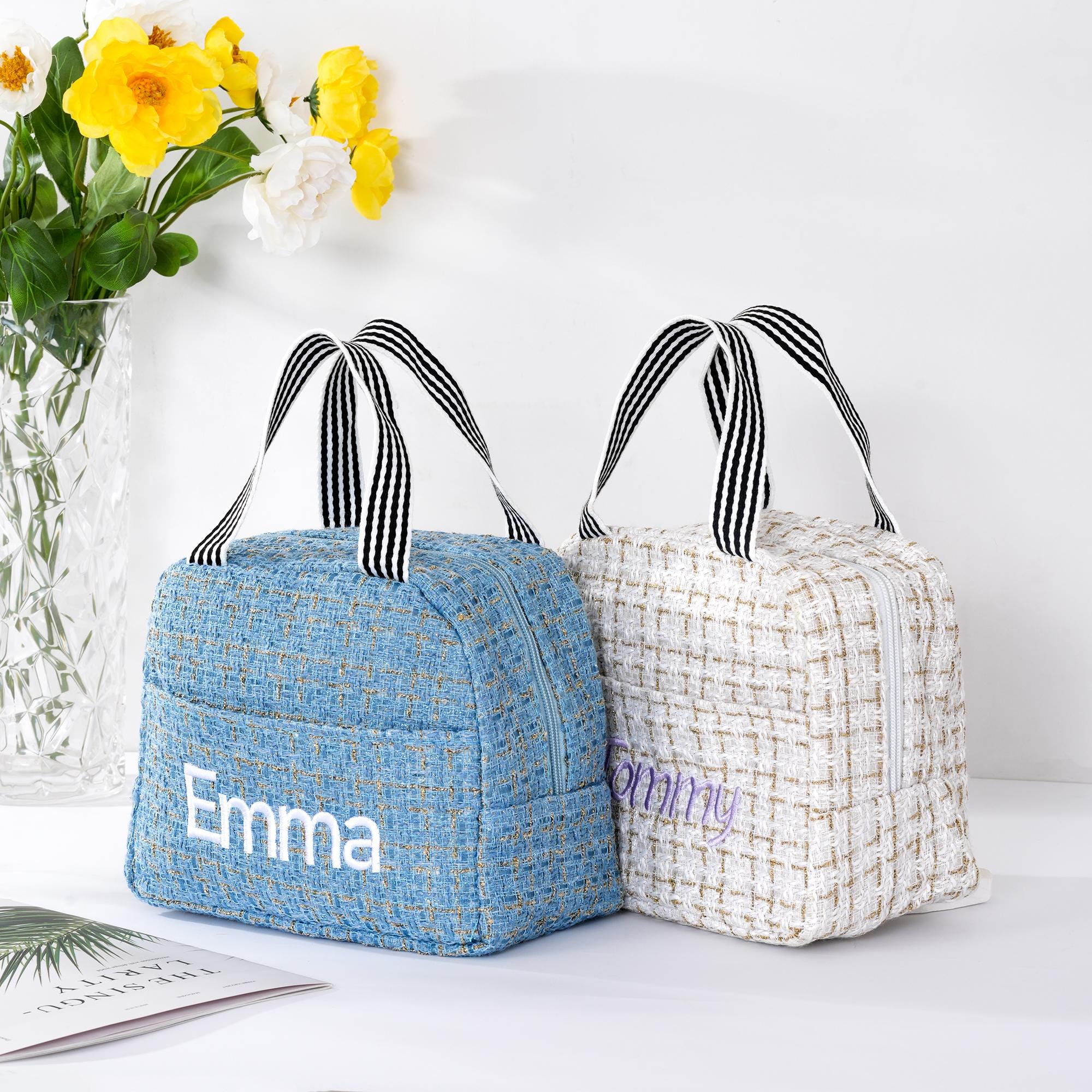 Personalized Tweed Lunch Bag With Name Embroidery, Custom Mini Lunch Tote, Insulated Food Bag,Cute Insulated Bag For Work,School, Or Gifts