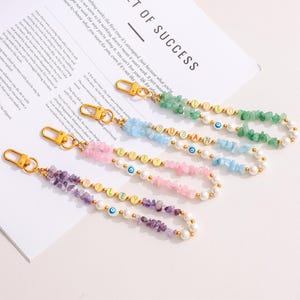 Breloque personnalisée pour téléphone avec pierres précieuses et perles personnalisées, lanière avec perles, joli accessoire anti-perte pour coques de téléphone