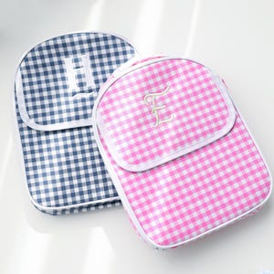 Bolsa de comida portátil con cuadrícula rosa azul personalizada, bolsa de almuerzo con nombre personalizado bordado, bolsa bento para picnic al aire libre, regalos adecuados para estudiantes