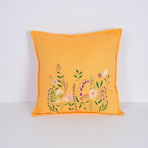 Embroidered Cushion Cover, Hand Embroidered Cushion Cover, Flowers Embroidery, Botanical Embroidered Cushion Cover, Garden Theme Pillow
