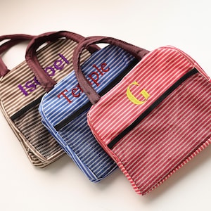 Bolsa de almuerzo a rayas bordada con nombre personalizado, bolsa de almuerzo portátil aislada, bolsillo de malla lateral, bolsa de picnic a rayas vintage, regalo para adolescentes