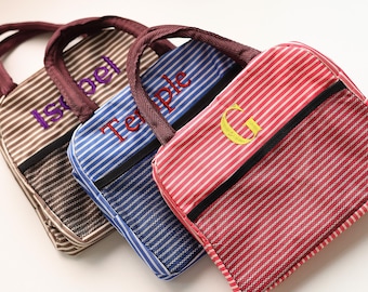 Custom Name Embroidered striped lunch bag,Insulated portable lunch bag,Side Mesh Pocket, Vintage striped picnic bag,gift for teen