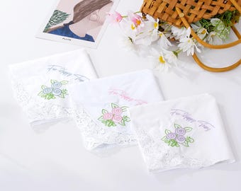 Embroidered Lace Handkerchief with Flower Design, Wedding Happy Tears Hankie, Personalized Gift for Bride, Bridesmaids, or Special Occasions