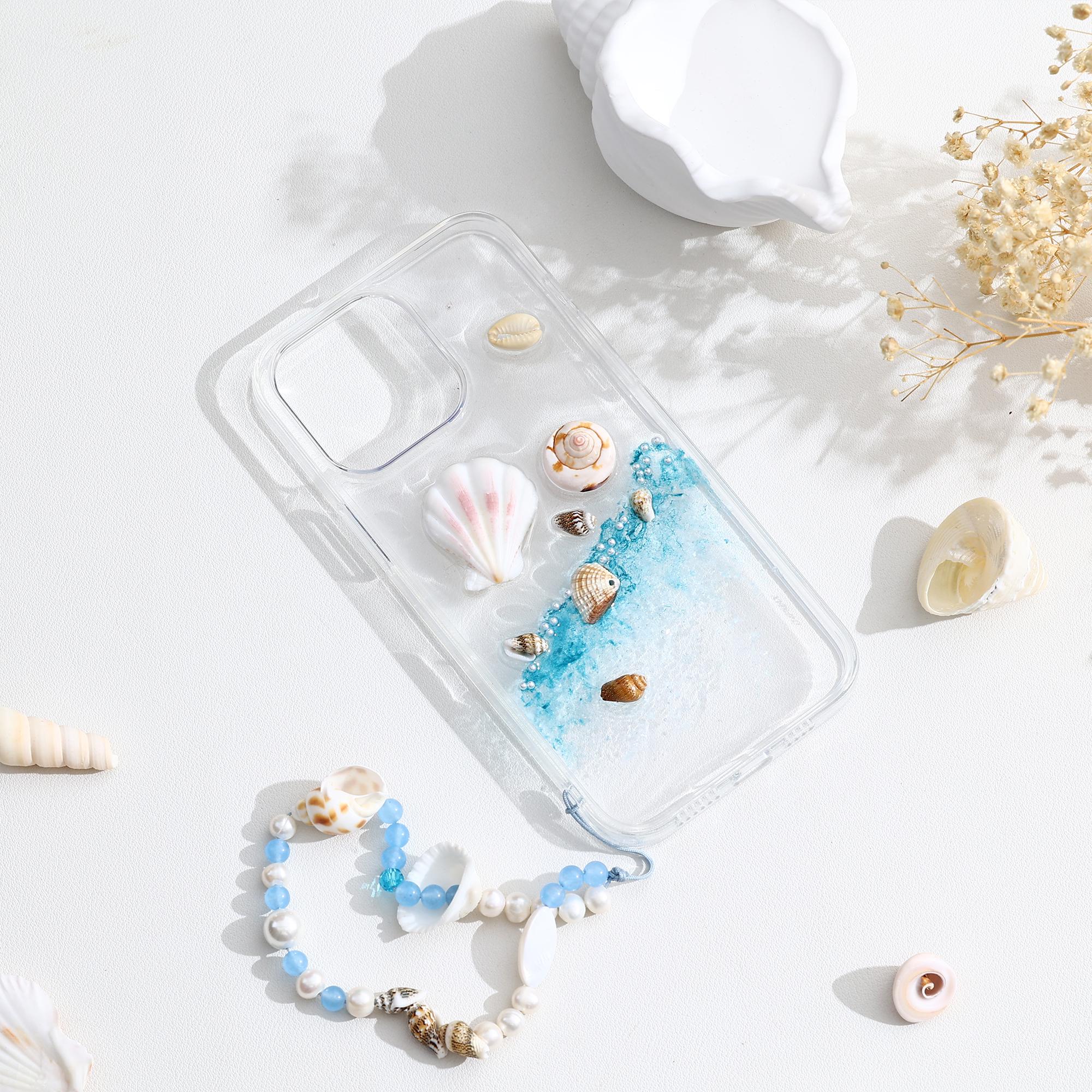 Handmade Beach Shell Phone Case with Ocean Wave Design – Clear Resin Case with Real Seashells, 3D Blue Sea Effect, Summer iPhone Cover
