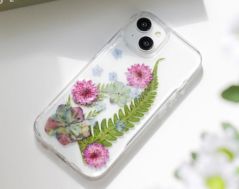 Real Forget me Not and Purple Chrysanthemum Flower iPhone Case, Full series of mobile IPhone cases, Gift for mom, Green Leaves iPhone Case