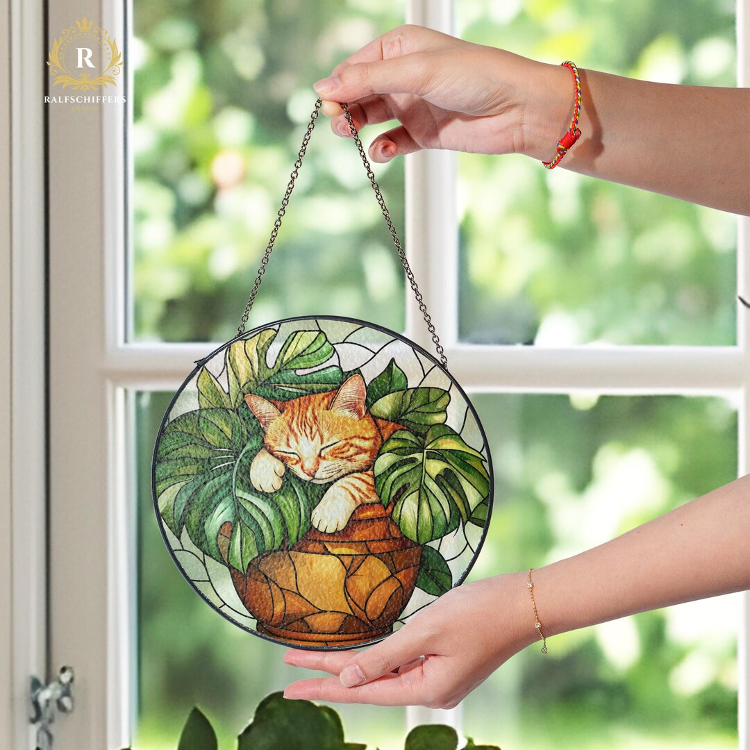 Orange Cat Sleeping on Monstera Stained Glass Suncatcher, Monstera ...