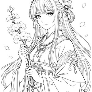 Pu&ograve; includere: Illustrazione in bianco e nero di una donna in abito tradizionale di ispirazione asiatica, che tiene in mano un ramo fiorito. L'immagine presenta dettagli intricati nei vestiti e nei capelli, con accenti floreali e petali che cadono.