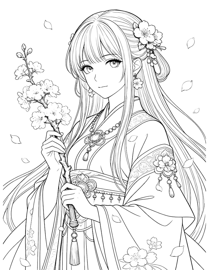 Pu&ograve; includere: Illustrazione in bianco e nero di una donna in abito tradizionale di ispirazione asiatica, che tiene in mano un ramo fiorito. L'immagine presenta dettagli intricati nei vestiti e nei capelli, con accenti floreali e petali che cadono.